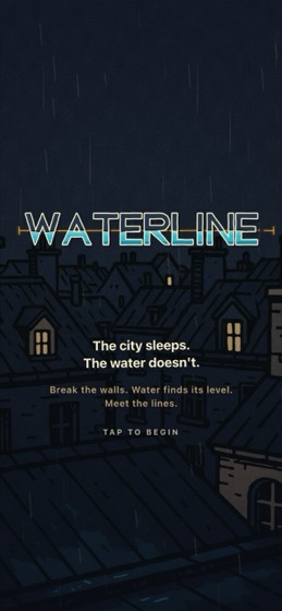Title screen: the Waterline wordmark over the sleeping city in the rain.
