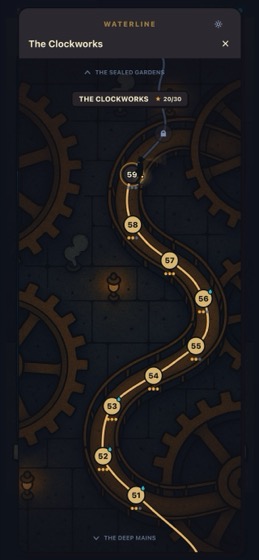 The city map: numbered junctions winding through the Clockworks district.